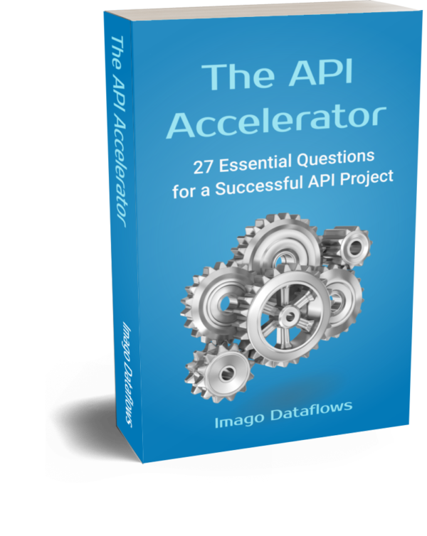 Blue book titled "The API Accelerator: 27 Essential Questions for a Successful API Project" with an image of metallic gears on the cover.